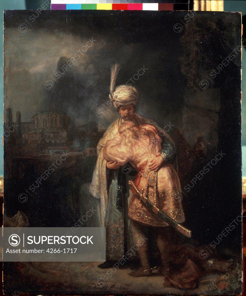 Stock Photo: 4266-1717 David's farewell to Jonathan by Rembrandt van Rhijn, oil on wood, 1642, 1606-1669, Russia, Moscow, State A. Pushkin Museum of Fine Arts, 73x61, 5