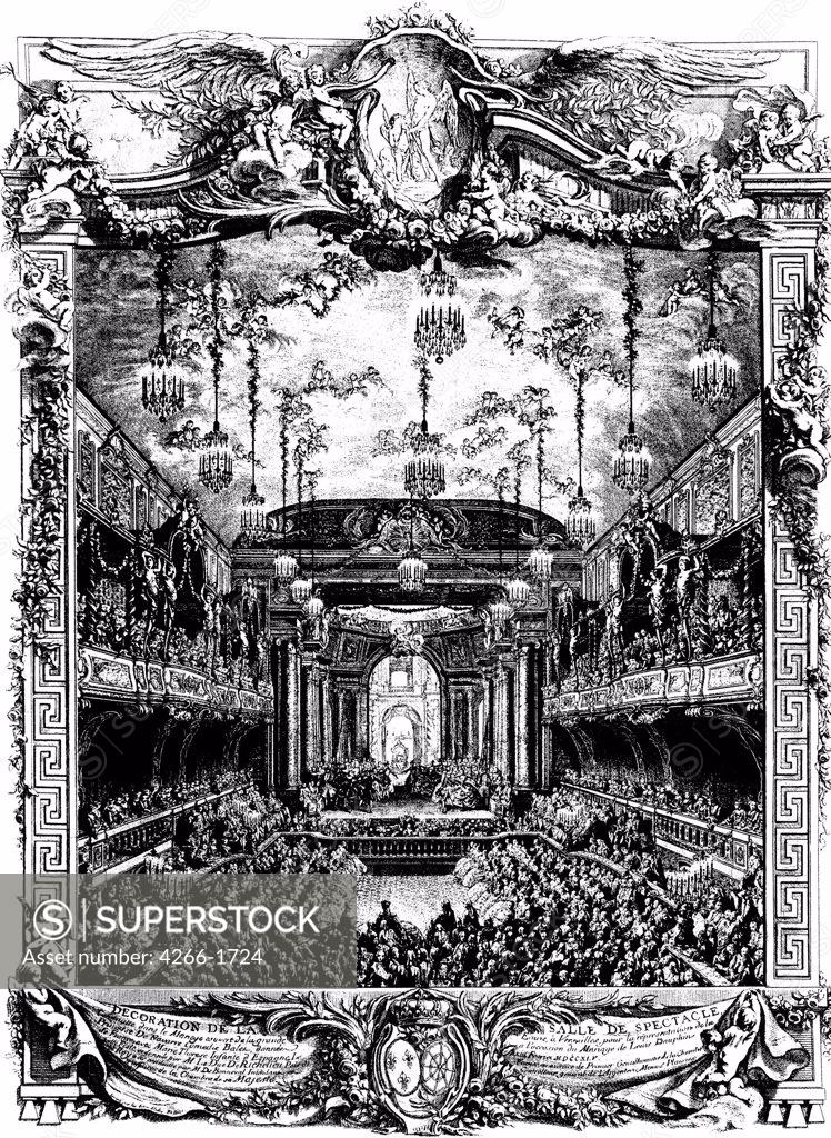 Stock Photo: 4266-1724 Theatre scene in Versailles by Charles-Nicolas Cochin the Younger, etching, 1745, 1715-1790, Russia, Moscow, State A. Pushkin Museum of Fine Arts