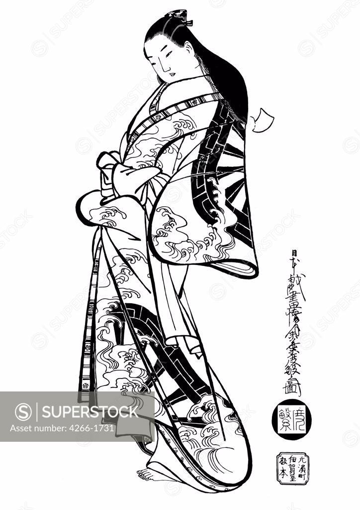 Stock Photo: 4266-1731 Woman in kimono by Ando Kaigetsudo, woodcut, circa 1671-1743, 16th century, Russia, Moscow, State A. Pushkin Museum of Fine Arts