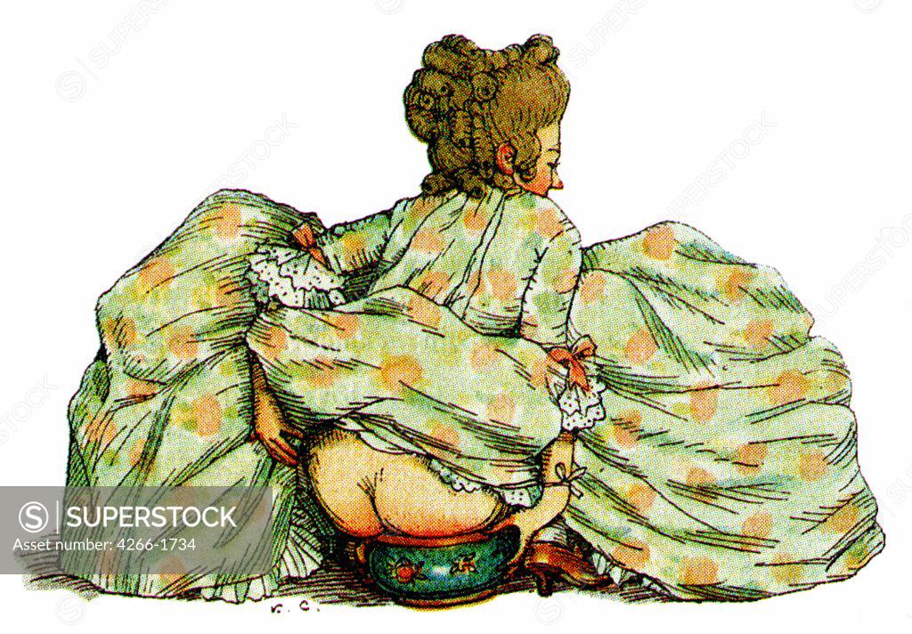 Stock Photo: 4266-1734 Lady using chamber pot by Konstantin Andreyevich Somov, color lithograph, 1908, 1869-1939, Russia, Moscow, Russian State Library, 7x10, 5