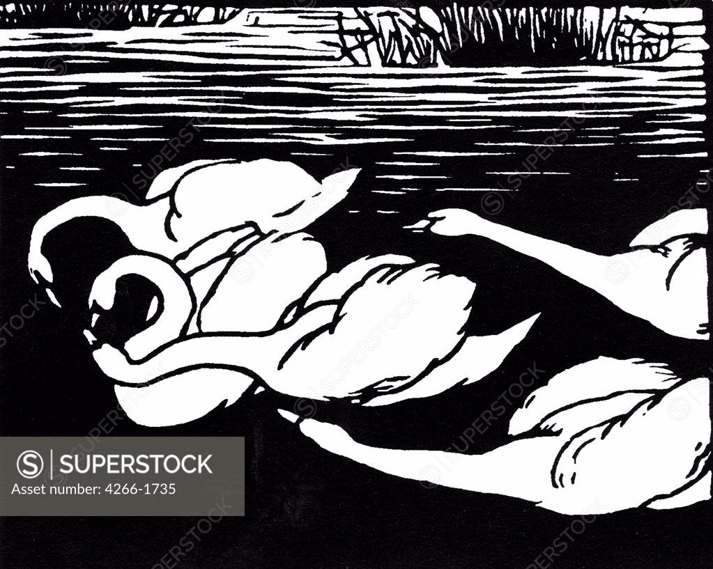Stock Photo: 4266-1735 Group of swans by Felix Edouard Vallotton, woodcut, 1892, 1865-1925, Russia, Moscow, State A. Pushkin Museum of Fine Arts