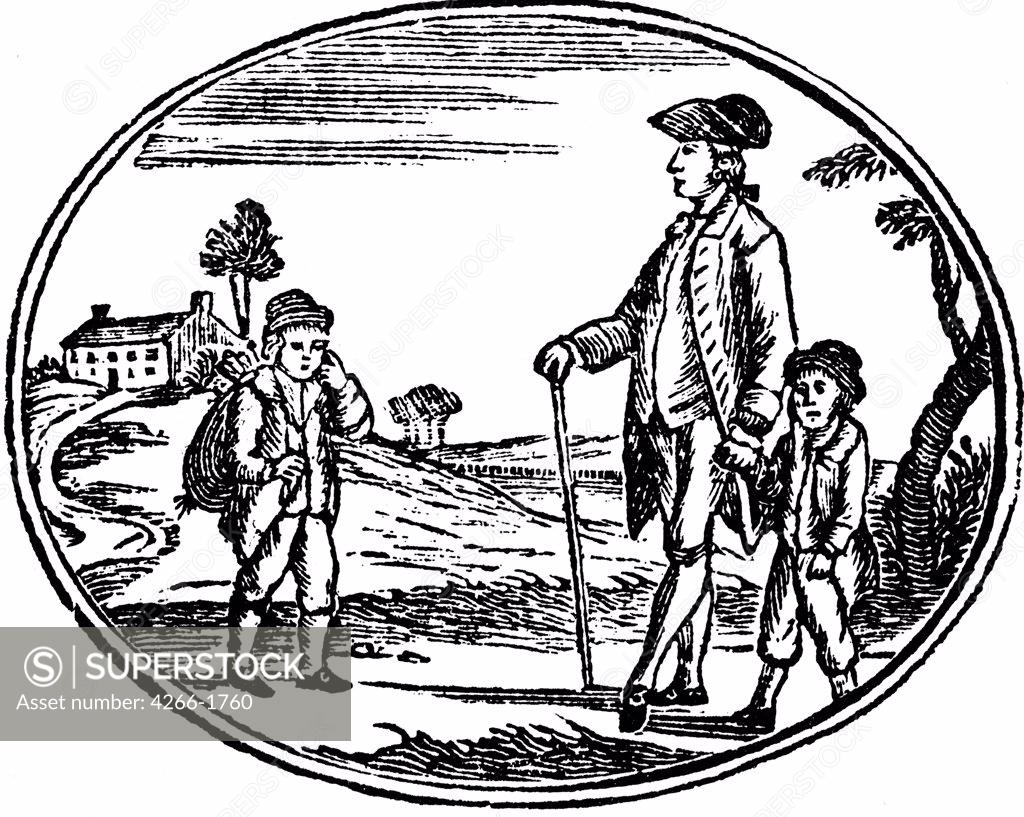 Stock Photo: 4266-1760 Man with kids by Anonymous, woodcut, 1800, Russia, Moscow, State Museum of A.S. Pushkin