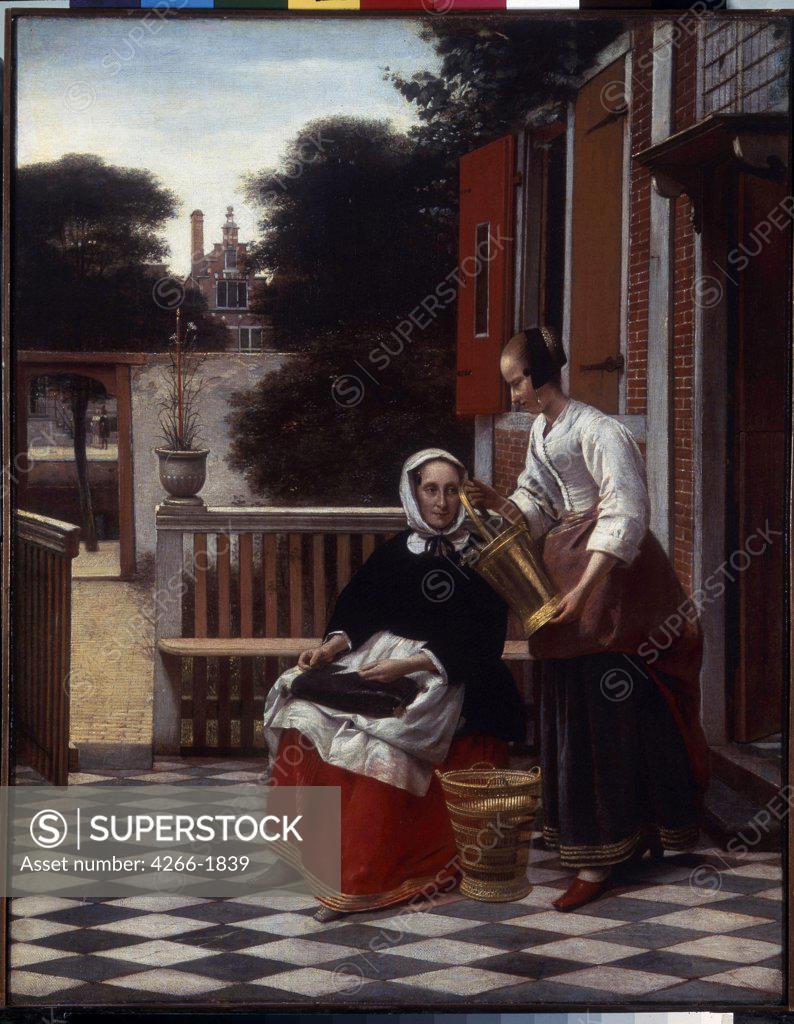 Stock Photo: 4266-1839 Women on backyard by Pieter de Hooch, oil on canvas, 1660, 1629-1684, Russia, St. Petersburg, State Hermitage, 53x42