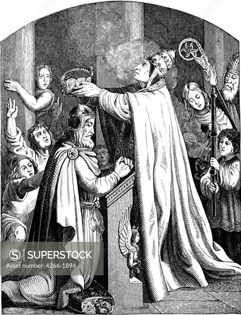 Stock Photo: 4266-1894 Coronation of Charles the Great by Johann Jakob Kirchhoff, woodcut, 1840, 1796-1848, Private Collection