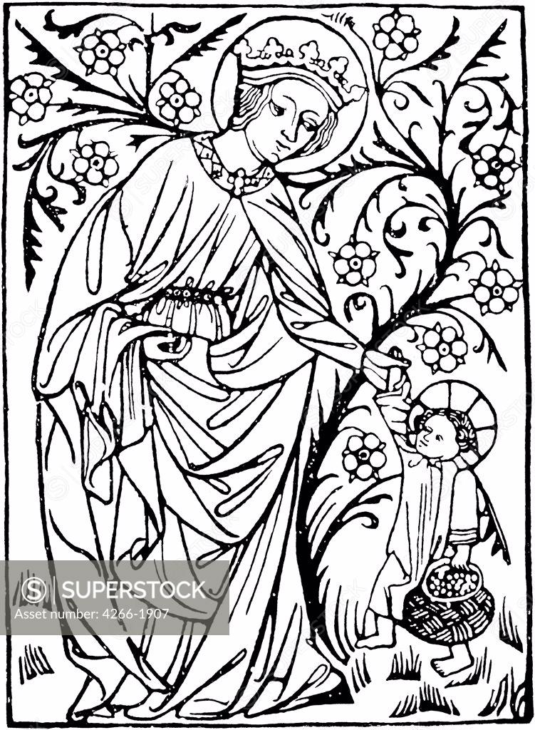 Stock Photo: 4266-1907 Saitn Dorothea by German master, woodcut, between 1410 and 1420, Russia, Moscow, State A. Pushkin Museum of Fine Arts