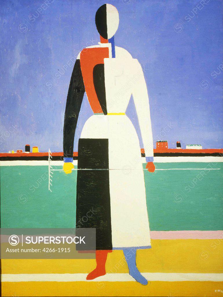 Stock Photo: 4266-1915 Woman with rake by Kasimir Severinovich Malevich, oil on canvas, 1928-1932, 1878-1935, Russia, St. Petersburg, State Russian Museum, 100x75