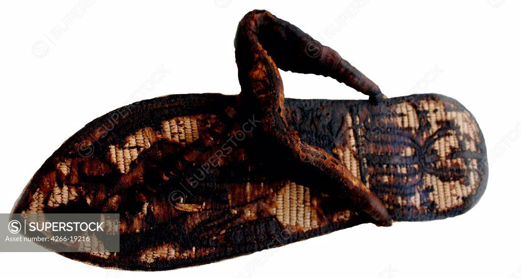 Stock Photo: 4266-19216 TutankhamunÍs sandal decorated with bound prisoners and sema-tawy symbols by Ancient Egypt  / The Egyptian Museum, Cairo/ 14th cen. BC/ Egypt/ Papyrus/ Applied Arts/ Objects