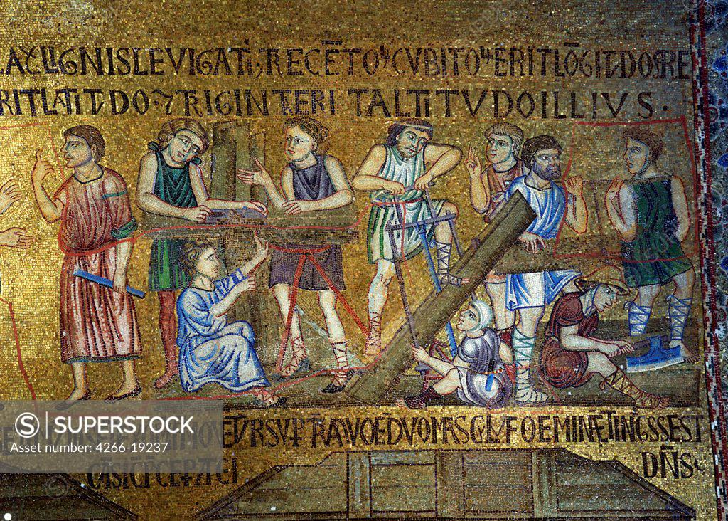 Stock Photo: 4266-19237 Story of Noah: The building of the Ark (Detail of Interior Mosaics in the St. Mark's Basilica) by Byzantine Master  / Saint Mark's Basilica, Venice/ 11th century/ Byzantium/ Mosaic/ Gothic/ Bible