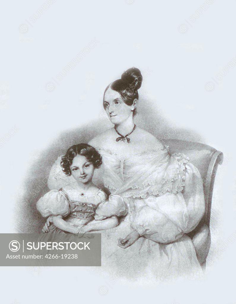 Stock Photo: 4266-19238 Portrait of Olga Narychkina (Potocki) with their daughter Sophie (1802-1861) by Kriehuber, Josef (1800-1876)/ Private Collection/ 1835/ Germany/ Lithograph/ Romanticism/ 55,5x43/ Portrait