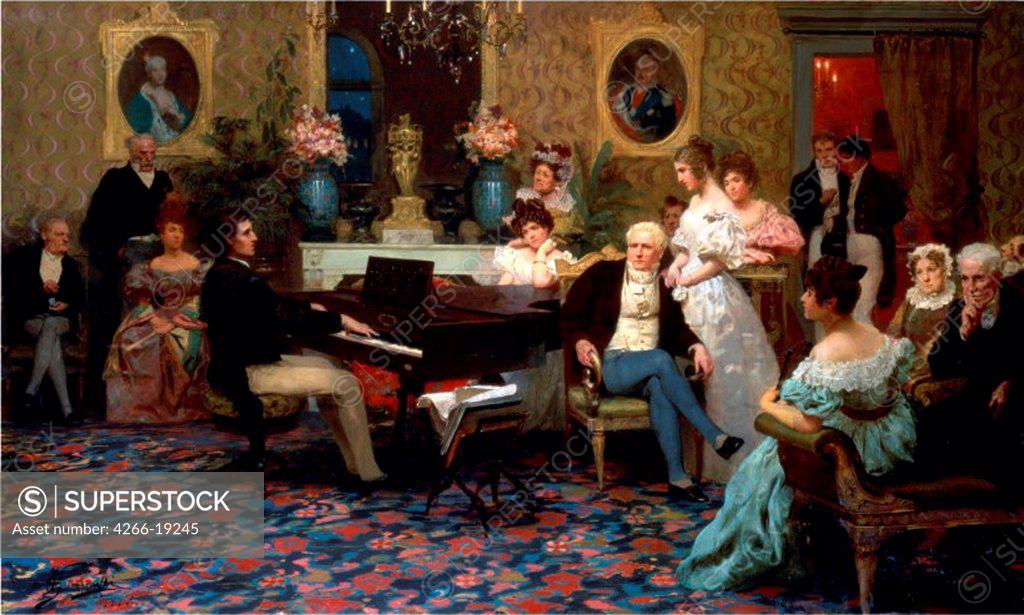 Stock Photo: 4266-19245 Chopin Playing the Piano in Prince Radziwill's Salon by Siemiradzki, Henryk (1843-1902)/ Private Collection/ 1887/ Poland/ Oil on canvas/ Academic art/ 142x211/ Music, Dance,Portrait,Genre