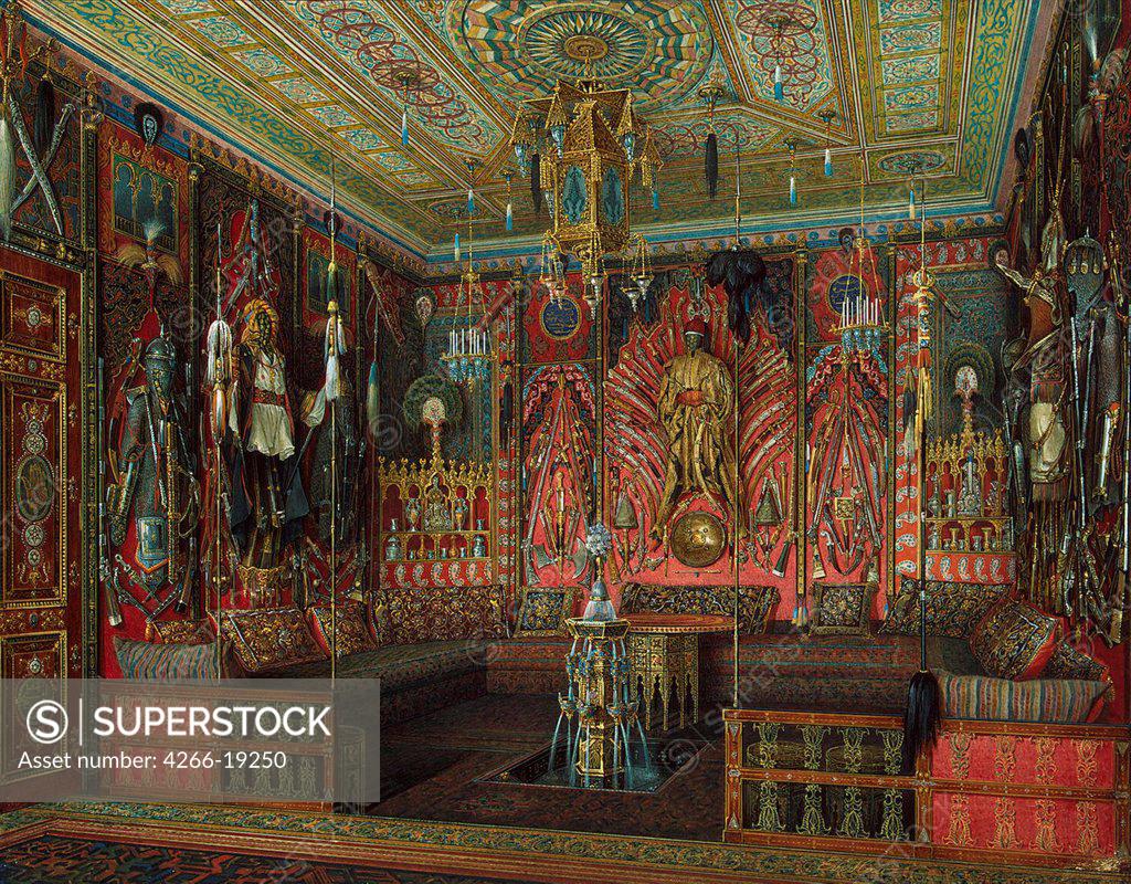 Stock Photo: 4266-19250 Turkish Room in the Catherine Palace in Tsarskoye Selo by Hau, Eduard (1807-1887)/ State Hermitage, St. Petersburg/ Mid of the 19th cen./ Russia/ Watercolour on paper/ Academic art/ 25,6x32,5/ Architecture, Interior