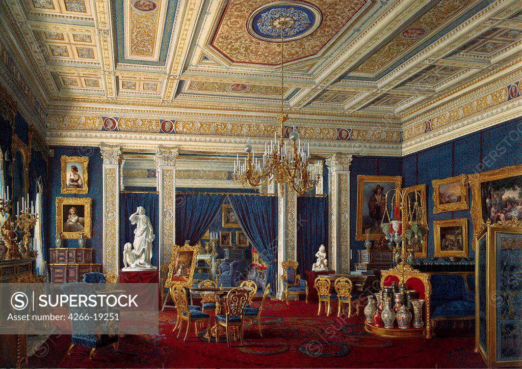 Stock Photo: 4266-19251 Blue Drawing-Room in the Mariinsky Palace in Saint Petersburg by Hau, Eduard (1807-1887)/ State Hermitage, St. Petersburg/ Mid of the 19th cen./ Russia/ Watercolour on paper/ Academic art/ 33,5x47,5/ Architecture, Interior