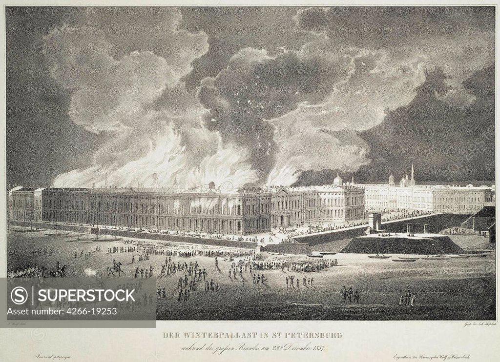 Stock Photo: 4266-19253 Fire in the Winter Palace on December 29, 1837 by Wolf, Franz (1795-1859)/ State Hermitage, St. Petersburg/ c.1838/ Germany/ Lithograph/ Romanticism/ 33x44,5/ History