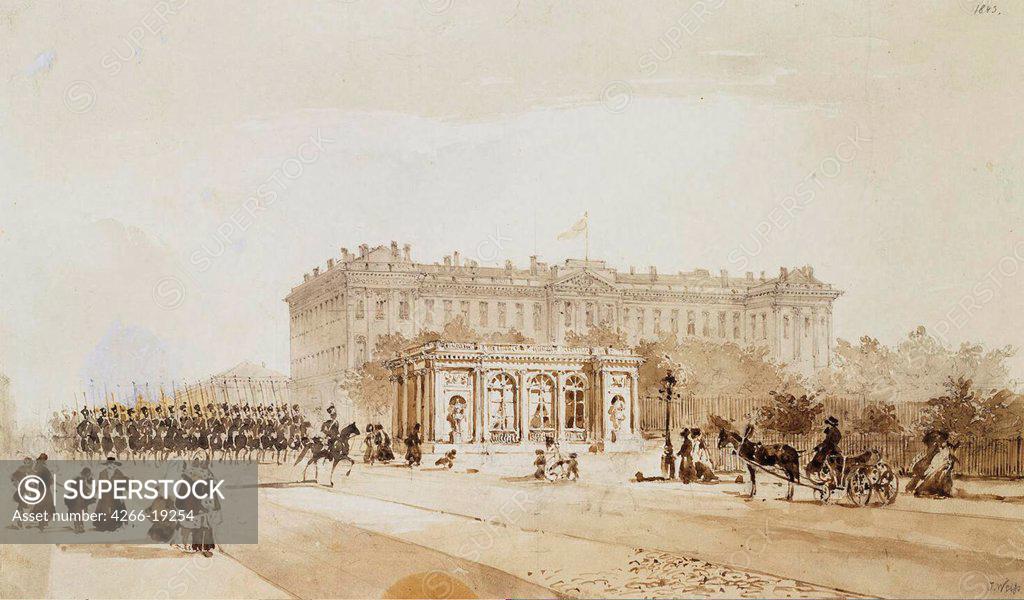 Stock Photo: 4266-19254 View of the Anichkov Palace in St Petersburg by Weiss, Johann Baptist (1812-1879)/ State Hermitage, St. Petersburg/ 1843/ Germany/ Watercolour on paper/ Romanticism/ 22,6x22,3/ Architecture, Interior,Landscape