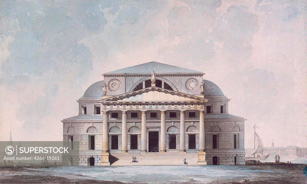 Stock Photo: 4266-19261 Facade of the Stock Exchange Building in Saint Petersburg by Quarenghi, Giacomo Antonio Domenico (1744-1817)/ State Hermitage, St. Petersburg/ 1783/ Italy/ Watercolour and ink on paper/ Classicism/ 35x58/ Architecture, Interior
