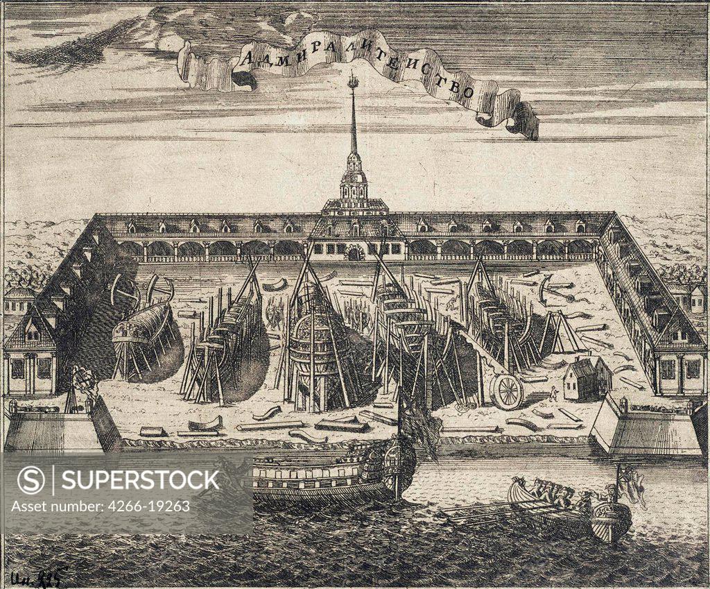 Stock Photo: 4266-19263 View of the Admiralty Shipyard in St. Peterburg by Rostovtsev, Alexei Ivanovich (1670s-1730s)/ State Hermitage, St. Petersburg/ 1717/ Russia/ Copper engraving/ Baroque/ 16,5x20,4/ Architecture, Interior,Landscape