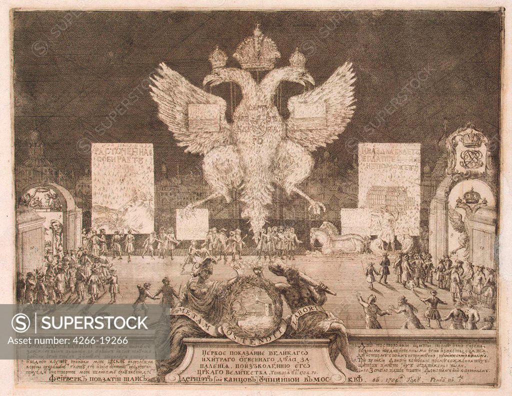 Stock Photo: 4266-19266 Fireworks in Moscow on 1 January 1704 on the Occasion of the Capture of the Swedish Fortress Nyenskans by Schoonebeek (Schoonebeck), Adriaan (1661-1705)/ State Hermitage, St. Petersburg/ 1705/ Holland/ Etching/ Baroque/ 31,5x36,.5/ History