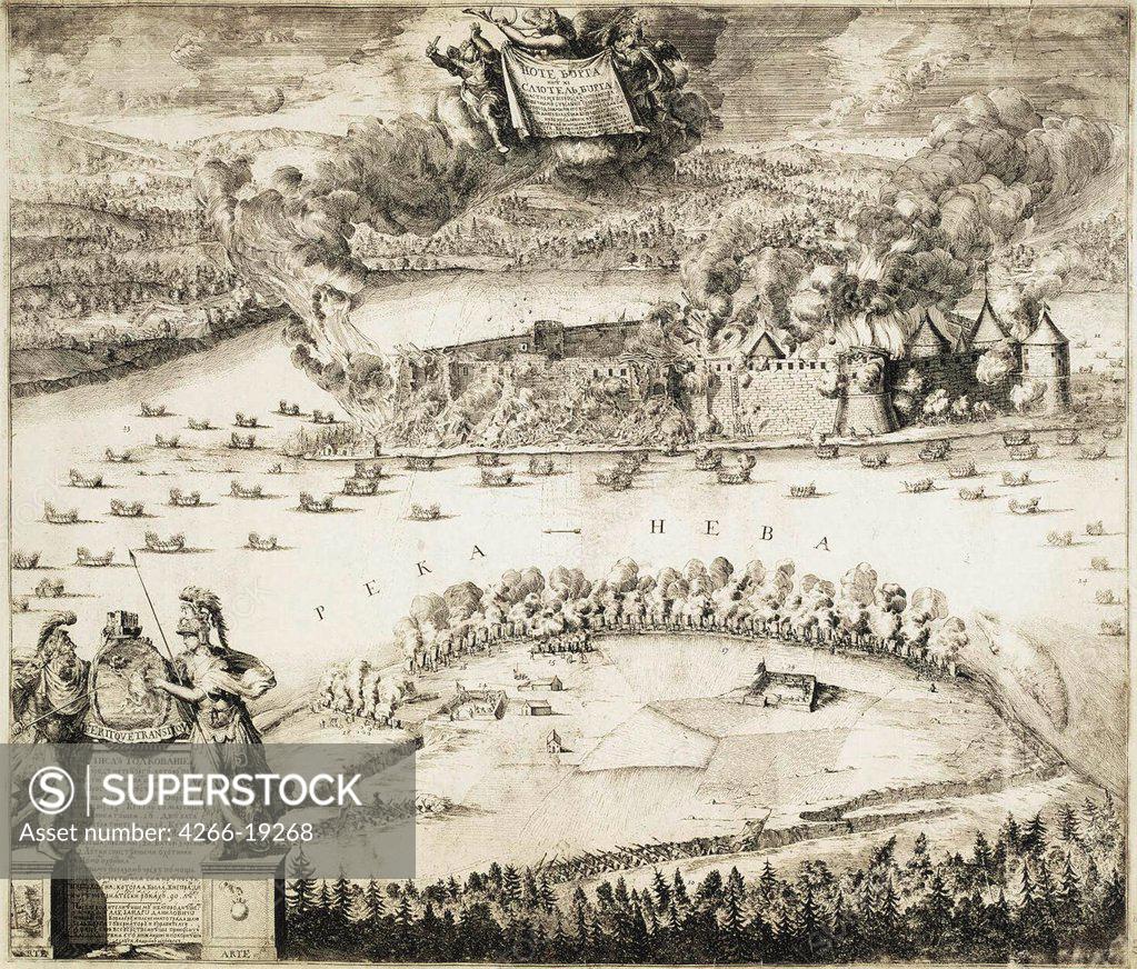 Stock Photo: 4266-19268 Taking of the Swedish Noteburg Fortress by Russian Troops on October 11, 1702 by Schoonebeek (Schoonebeck), Adriaan (1661-1705)/ State Hermitage, St. Petersburg/ 1703/ Holland/ Etching/ Baroque/ 50,5x60,5/ History