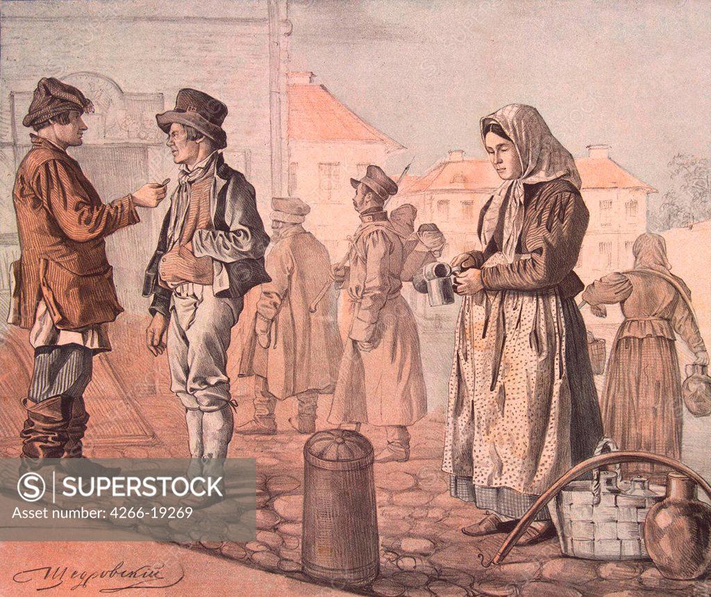 Stock Photo: 4266-19269 Street Milk Seller (From the Series 'These Are Our People') by Shchedrovsky, Ignati Stepanovich (1815-1870)/ State Hermitage, St. Petersburg/ 1842/ Russia/ Colour lithograph/ Romanticism/ 29,5x36/ Genre