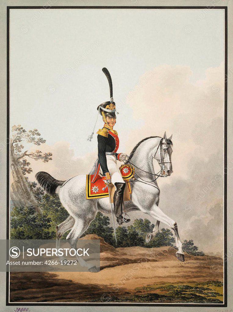 Stock Photo: 4266-19272 Field-Officer of the Preobrazhensky Regiment on Horseback by Shiflard, Samuel (active Early 19th cen.)/ State Hermitage, St. Petersburg/ Early 19th cen./ Russia/ Watercolour on paper/ Classicism/ 50,3x38,5/ Genre,History