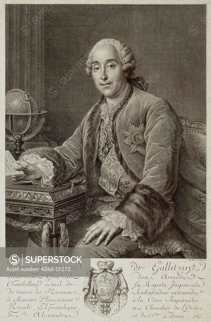 Portrait of Prince Dmitriy Mikhailovich Golitsyn (1721-1793) by Tardieu, Pierre Alexandre (1756-1844)/ State Hermitage, St. Petersburg/ 1762/ France/ Etching/ Rococo/ 53x39,5/ Portrait