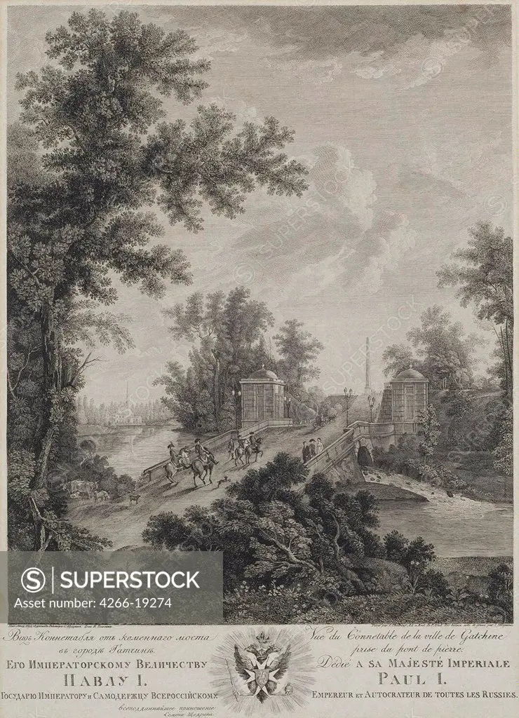 View of Connetable Square from the Stone Bridge in Gatchina by Telegin, Ivan Dmitryevich (active End of 18th cen.)/ State Hermitage, St. Petersburg/ 1800/ Russia/ Copper engraving/ Classicism/ 47x38/ Architecture, Interior,Landscape