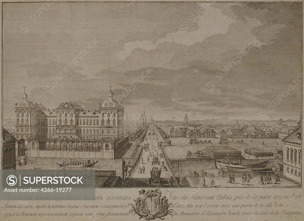 Stock Photo: 4266-19277 View of the Newly-Built Chambers Opposite the Anichkov gates in Saint Petersburg by Vasilyev, Yakov Vasilyevich (1730-1760)/ State Hermitage, St. Petersburg/ 1753/ Russia/ Copper engraving/ Rococo/ 50x69/ Architecture, Interior,Landscape