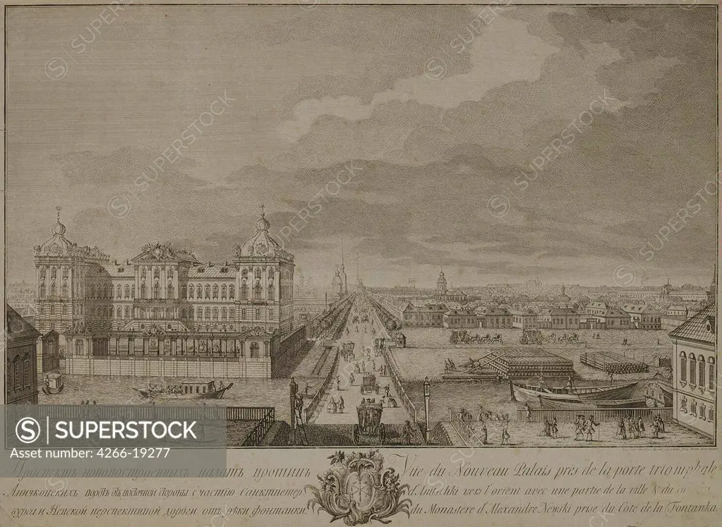 View of the Newly-Built Chambers Opposite the Anichkov gates in Saint Petersburg by Vasilyev, Yakov Vasilyevich (1730-1760)/ State Hermitage, St. Petersburg/ 1753/ Russia/ Copper engraving/ Rococo/ 50x69/ Architecture, Interior,Landscape