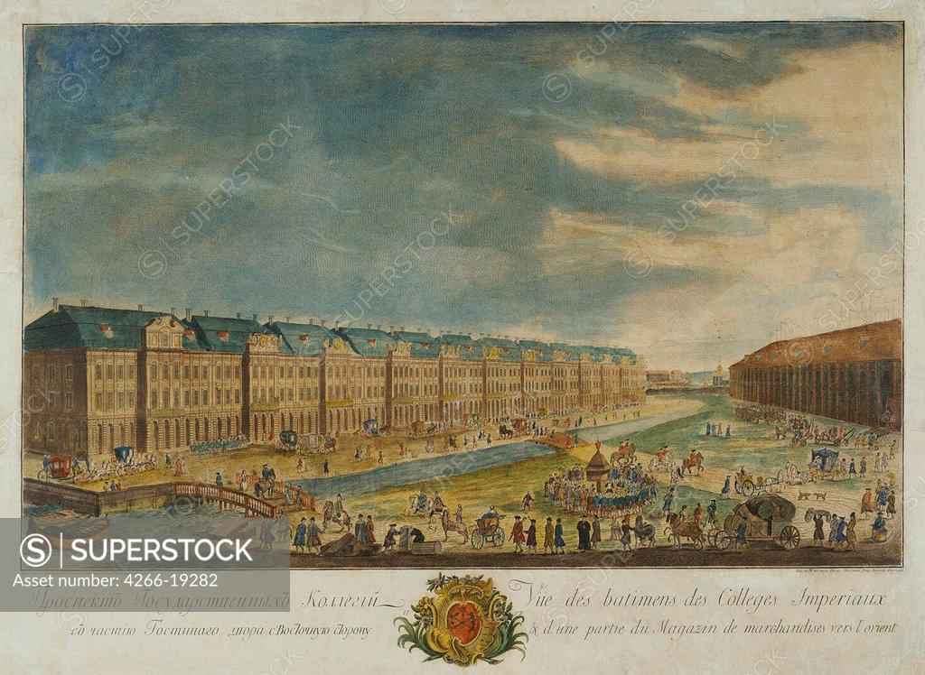Stock Photo: 4266-19282 View of the Twelve Collegia building in Saint Petersburg by Vnukov, Yekim Terentiyevich (1723/25-1762/63)/ State Hermitage, St. Petersburg/ 1753/ Russia/ Copper engraving, watercolour/ Rococo/ 54,6x71,5/ Architecture, Interior,Landscape