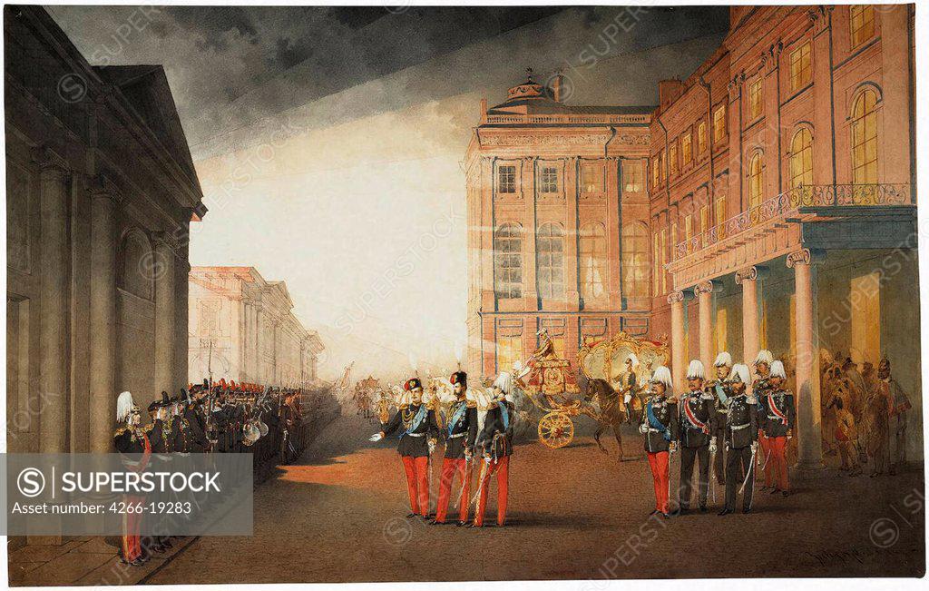 Stock Photo: 4266-19283 Parade in front of the Anichkov Palace on 26 February 1870 by Zichy, Mihaly (1827-1906)/ State Hermitage, St. Petersburg/ 1870/ Hungary/ Watercolour, Gouache on Paper/ Academic art/ 54x87/ Architecture, Interior,Genre,History
