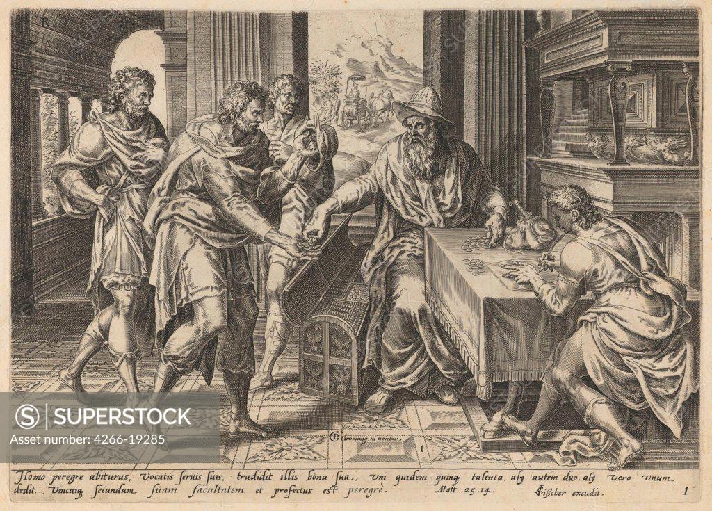 Stock Photo: 4266-19285 The Parable of the Talents by Doetechum, Lucas, van (c. 1530-c.1584)/ Private Collection/ Flanders/ Copper engraving/ Baroque/ 20,5x28,7/ Bible,Mythology, Allegory and Literature
