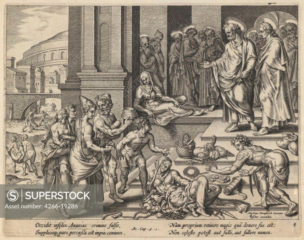 Stock Photo: 4266-19286 The Parable of Ananias and Sapphira by Visscher, Jan Claesz (c. 1550-1612)/ Private Collection/ Early 17th cen./ Holland/ Etching/ Baroque/ 20,9x26,4/ Bible,Mythology, Allegory and Literature