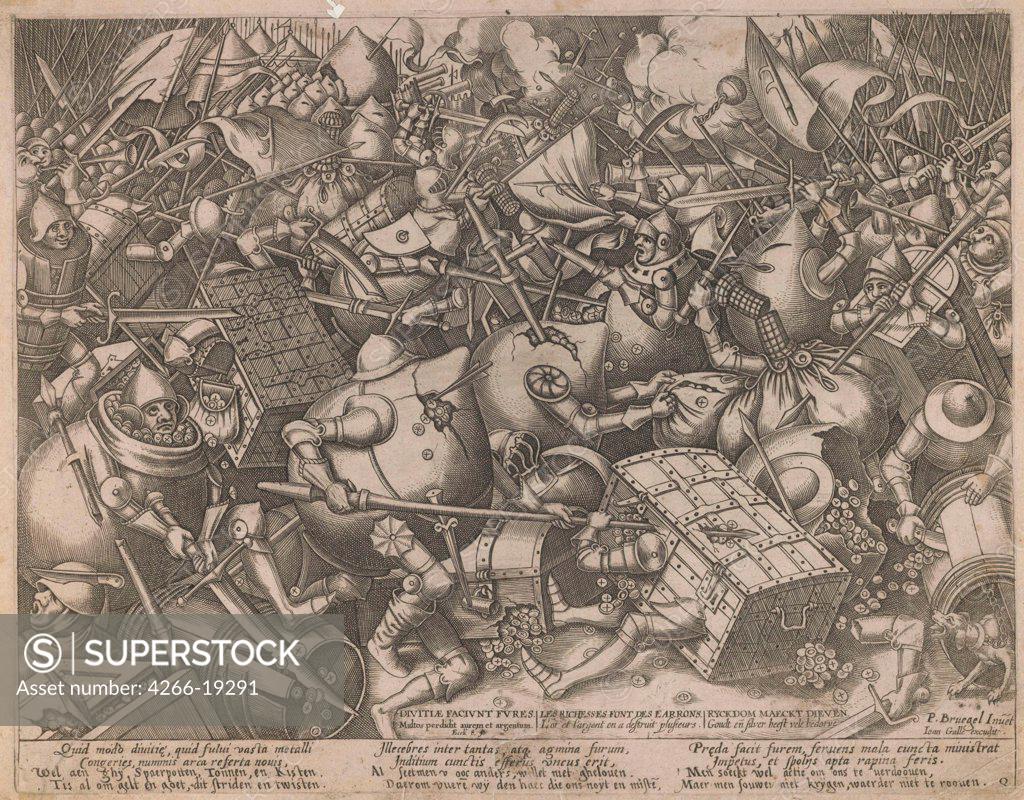 Stock Photo: 4266-19291 Fight of the Money-Bags and the Coffers by Heyden, Pieter, van der (1538-1572)/ Private Collection/ c. 1560/ Flanders/ Etching/ Baroque/ 23,7x30,4/ Mythology, Allegory and Literature