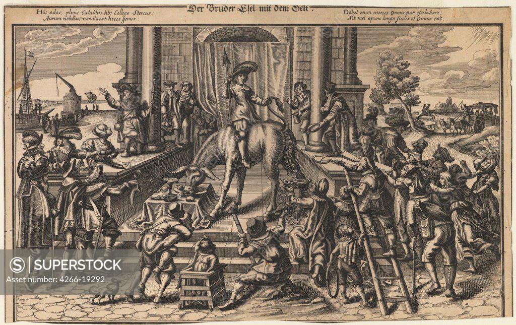 Stock Photo: 4266-19292 Brother Donkey with Money by German master  / Private Collection/ Early 17th cen./ Germany/ Copper engraving/ Baroque/ 19,5x32/ Bible