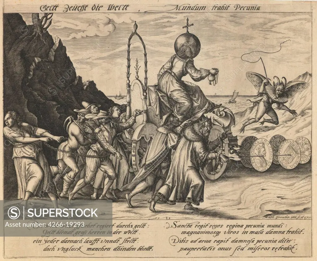 Money rule the world by Greuter, Mathias (1564-1638)/ Private Collection/ 1589/ Germany/ Etching/ Baroque/ 23x27,8/ Mythology, Allegory and Literature