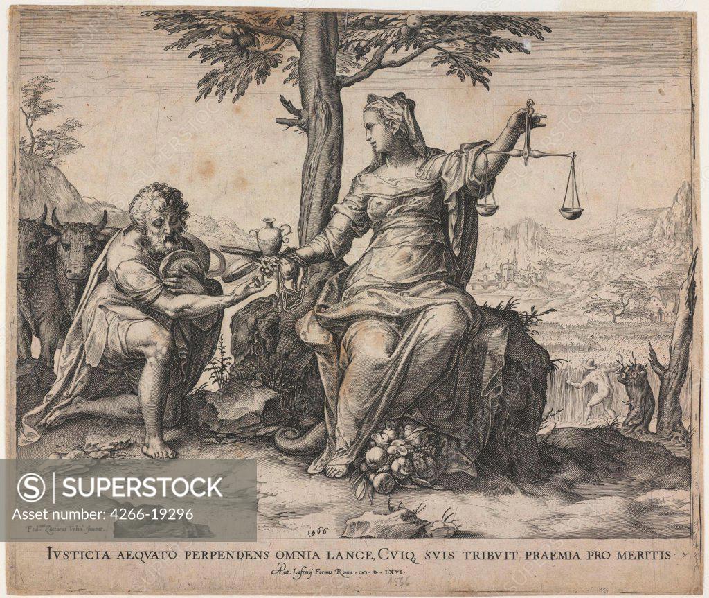 Stock Photo: 4266-19296 Justice Rewards Toil by Cort, Cornelis (1533-1578)/ Private Collection/ 1566/ The Netherlands/ Etching/ Baroque/ 26,5x31,5/ Mythology, Allegory and Literature