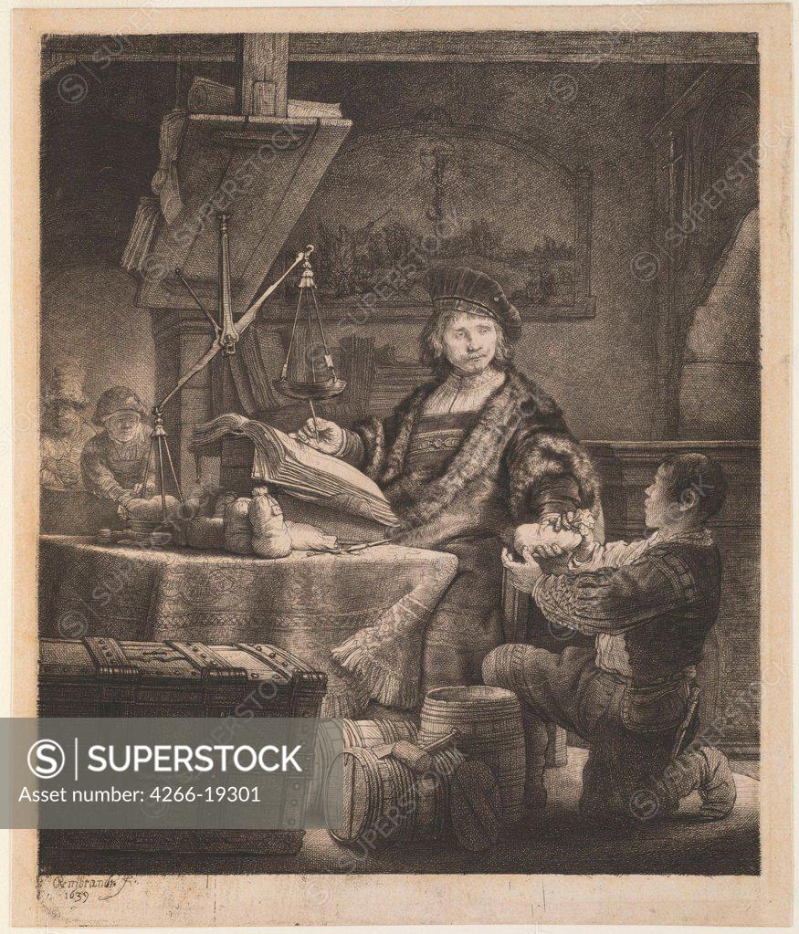 Stock Photo: 4266-19301 Jan Uytenbogaert, the Goldweigher by Rembrandt van Rhijn (1606-1669)/ Private Collection/ 1639/ Holland/ Etching/ Baroque/ 24,5x20,8/ Genre