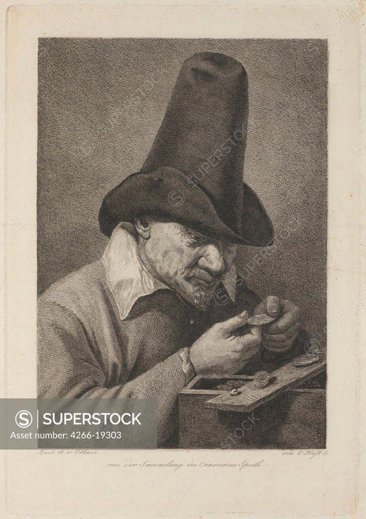 Stock Photo: 4266-19303 Peasant with Coins by Hess, Carl Ernst Christoph (1755-1828)/ Private Collection/ Second Half of the 18th cen./ Germany/ Copper engraving/ Rococo/ 28,5x19,7/ Genre
