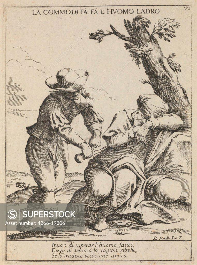 Stock Photo: 4266-19306 Opportunity makes a thief. (La commodita fa l'uomo ladro) by Mitelli, Giuseppe Maria (1634-1718)/ Private Collection/ 1678/ Italy, Bolognese School/ Etching/ Baroque/ 27x20/ Genre,Mythology, Allegory and Literature