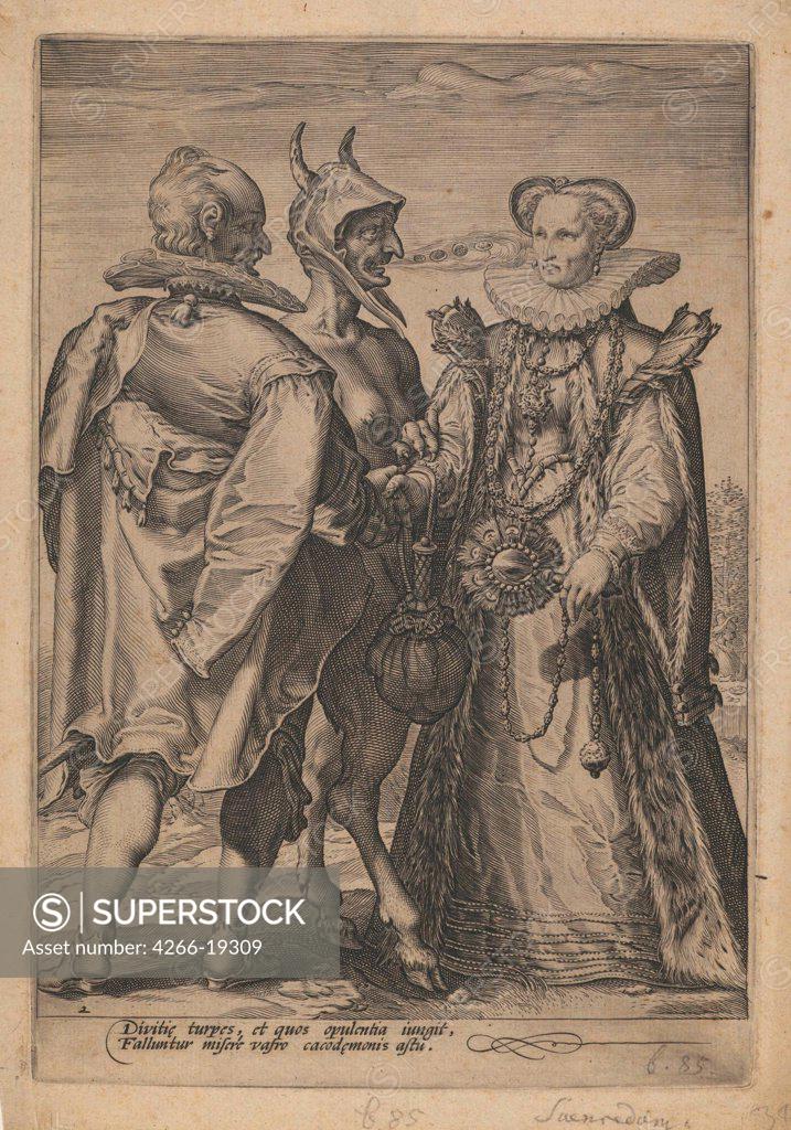 Stock Photo: 4266-19309 Marriage for Wealth Officiated by the Devil by Saenredam, Jan (1565-1607)/ Private Collection/ ca. 1600/ The Netherlands/ Etching/ Baroque/ 23,5x16,2/ Genre,Mythology, Allegory and Literature