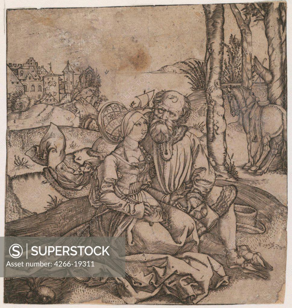 Stock Photo: 4266-19311 The ill-assorted Couple by Durer, Albrecht (1471-1528)/ Private Collection/ c. 1495/ Germany/ Copper engraving/ Medieval art/ 14,3x13,5/ Genre