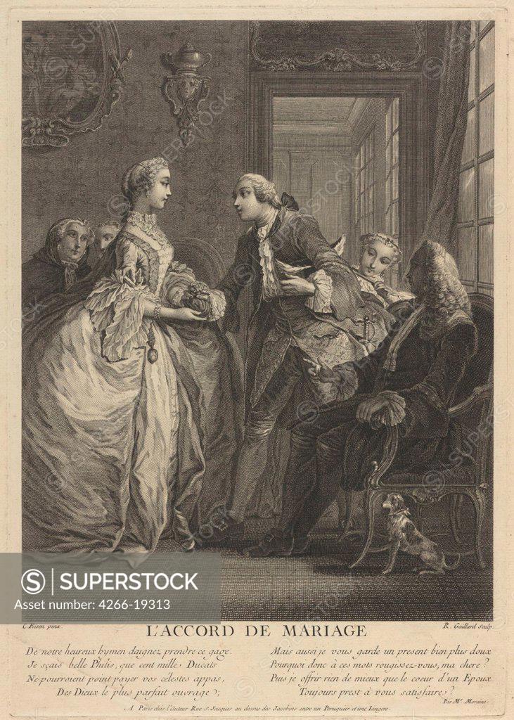 Stock Photo: 4266-19313 Marriage contract by Eisen, Charles (1720-1778)/ Private Collection/ 18th century/ France/ Etching/ Rococo/ 38x27/ Genre