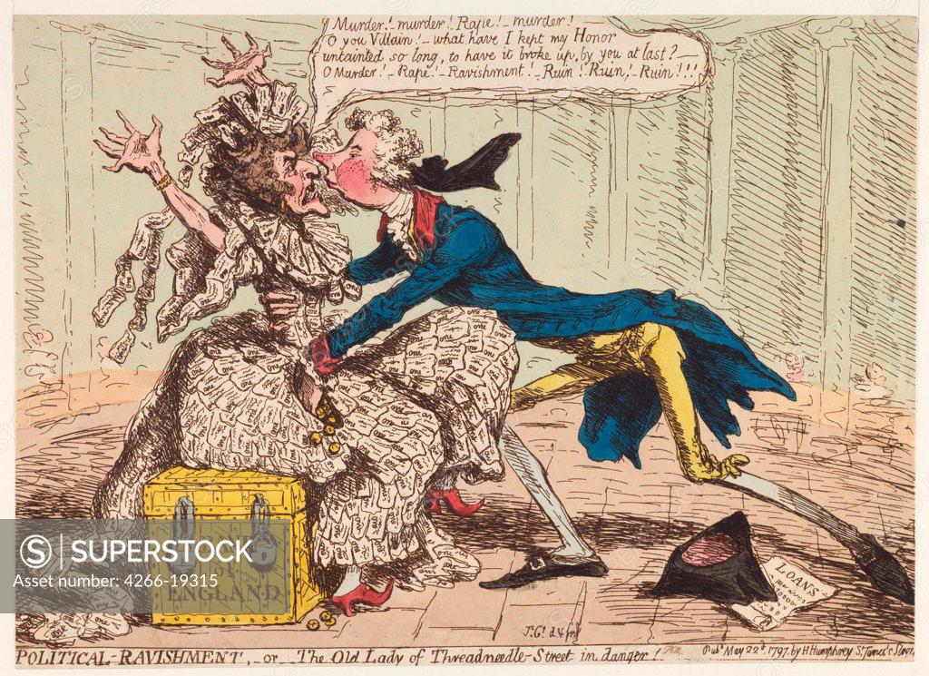 Stock Photo: 4266-19315 Political Ravishment, or the Old Lady of Threadneedle Street in Danger! by Gillray, James (1757-1815)/ Private Collection/ 1797/ England/ Etching, watercolour/ Caricature/ 24,8x34/ Genre