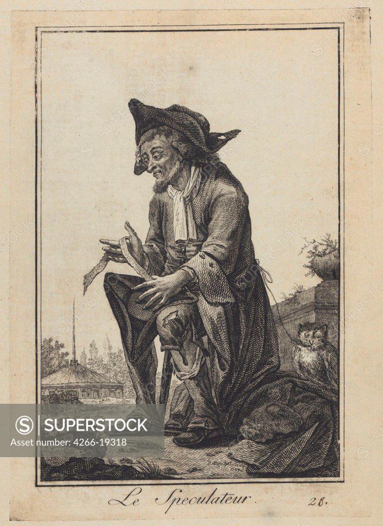 Stock Photo: 4266-19318 Le Speculateur (The Speculator) by Goez, Joseph Franz, von (1754-1815)/ Private Collection/ 1784/ Germany/ Copper engraving/ Satire/ 23,5x16,2/ Genre