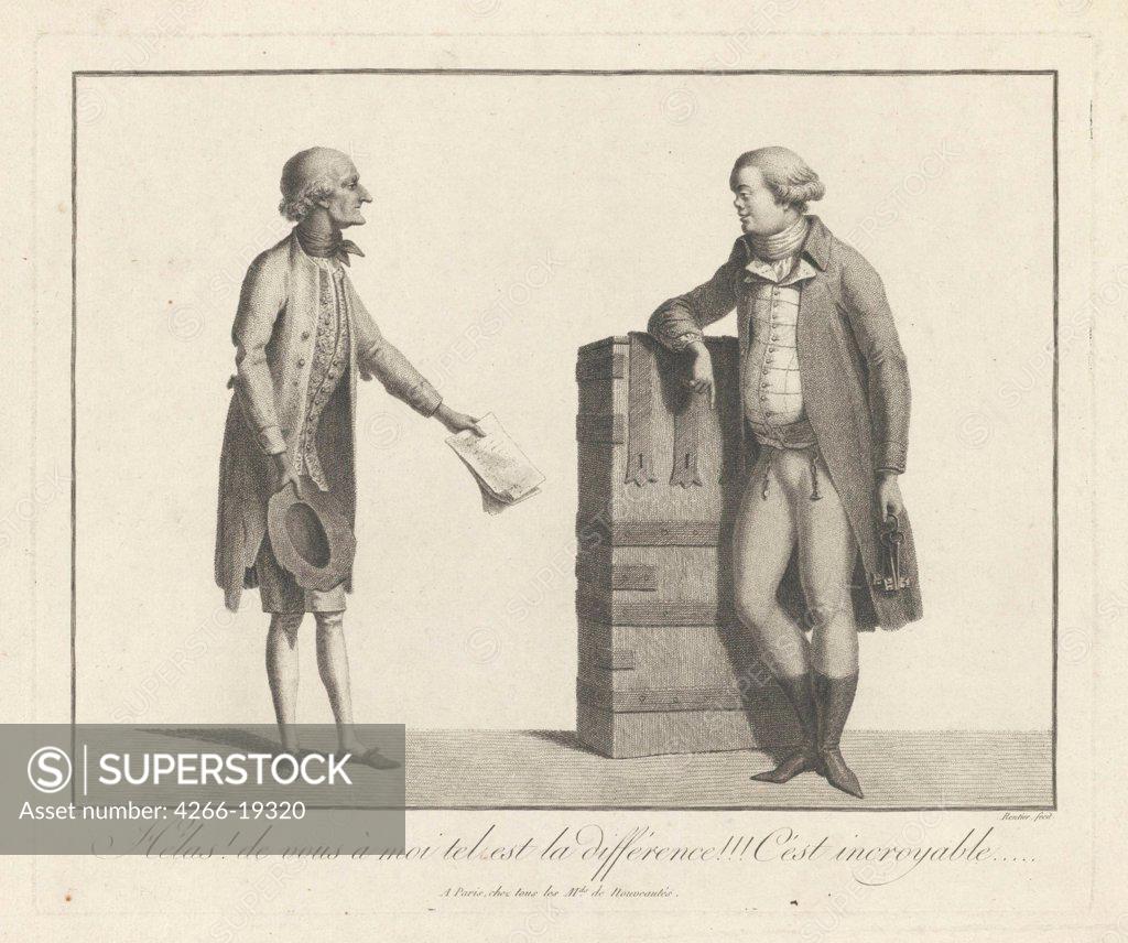 Stock Photo: 4266-19320 A Lucky and Unlucky Speculator by Anonymous  / Private Collection/ Second Half of the 18th cen./ France/ Copper engraving/ Satire/ 26,5x32,5/ Genre,Mythology, Allegory and Literature