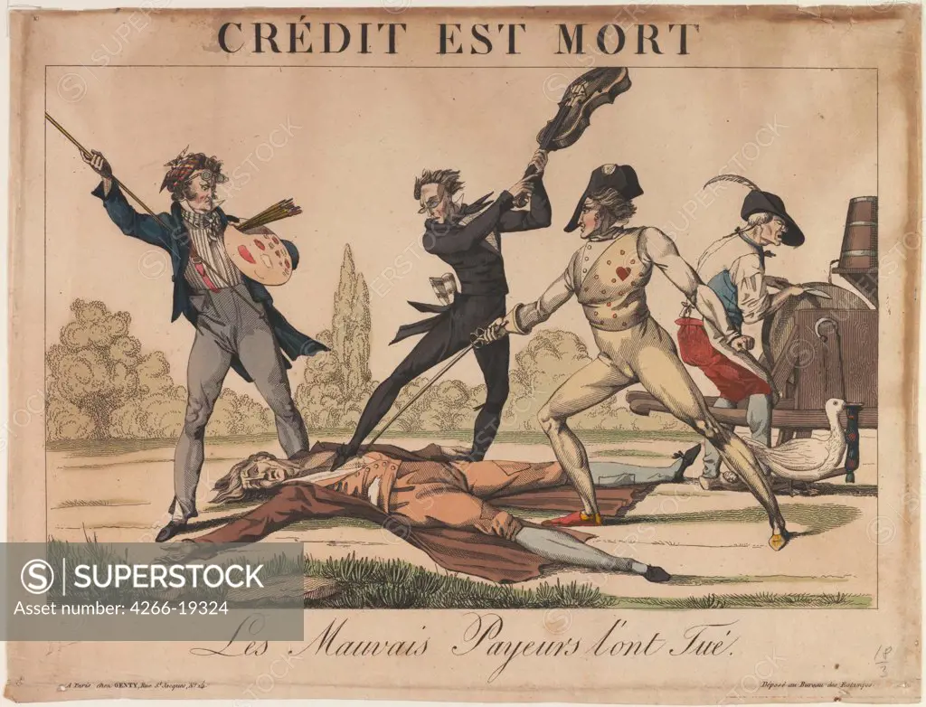 Credit est Mort (Credit is dead) by Anonymous  / Private Collection/ Early 19th cen./ France/ Copper engraving, watercolour/ Caricature/ 26x34,5/ Mythology, Allegory and Literature