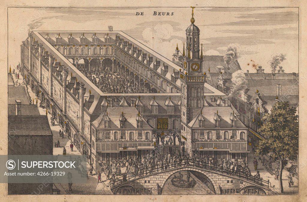 Stock Photo: 4266-19329 The Amsterdam Stock Exchange by Anonymous  / Private Collection/ Early 17th cen./ Copper engraving/ Baroque/ 19,2x29,8/ Architecture, Interior,Landscape,History