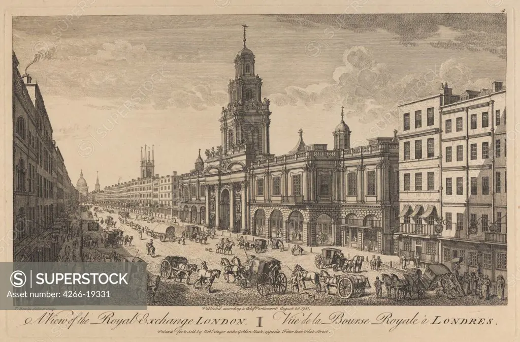 View of the Royal Exchange London by Bowles, Thomas (1695-1767)/ Private Collection/ 1751/ England/ Copper engraving/ Rococo/ 26x40/ Architecture, Interior,Landscape,History