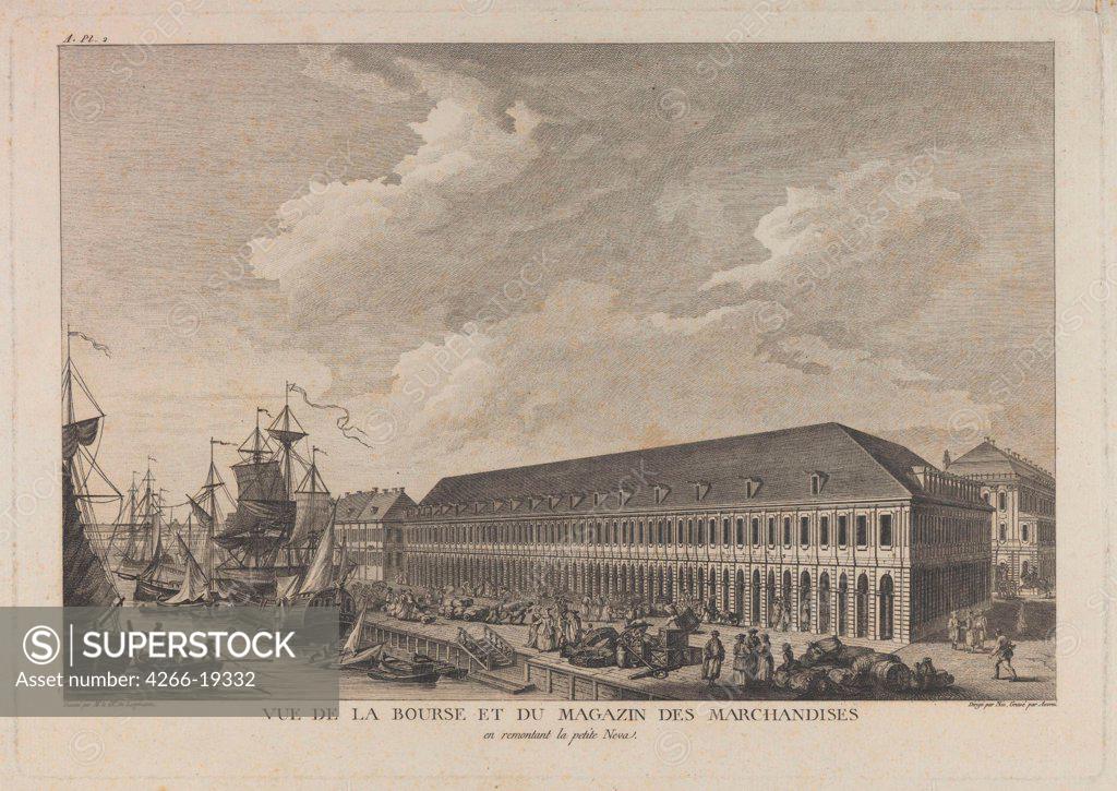 Stock Photo: 4266-19332 Stock exchange in Saint Petersburg by Auvray, Pierre Laurent (1736-?)/ Private Collection/ c. 1785/ France/ Etching/ Classicism/ 24,8x35,5/ Architecture, Interior,Landscape