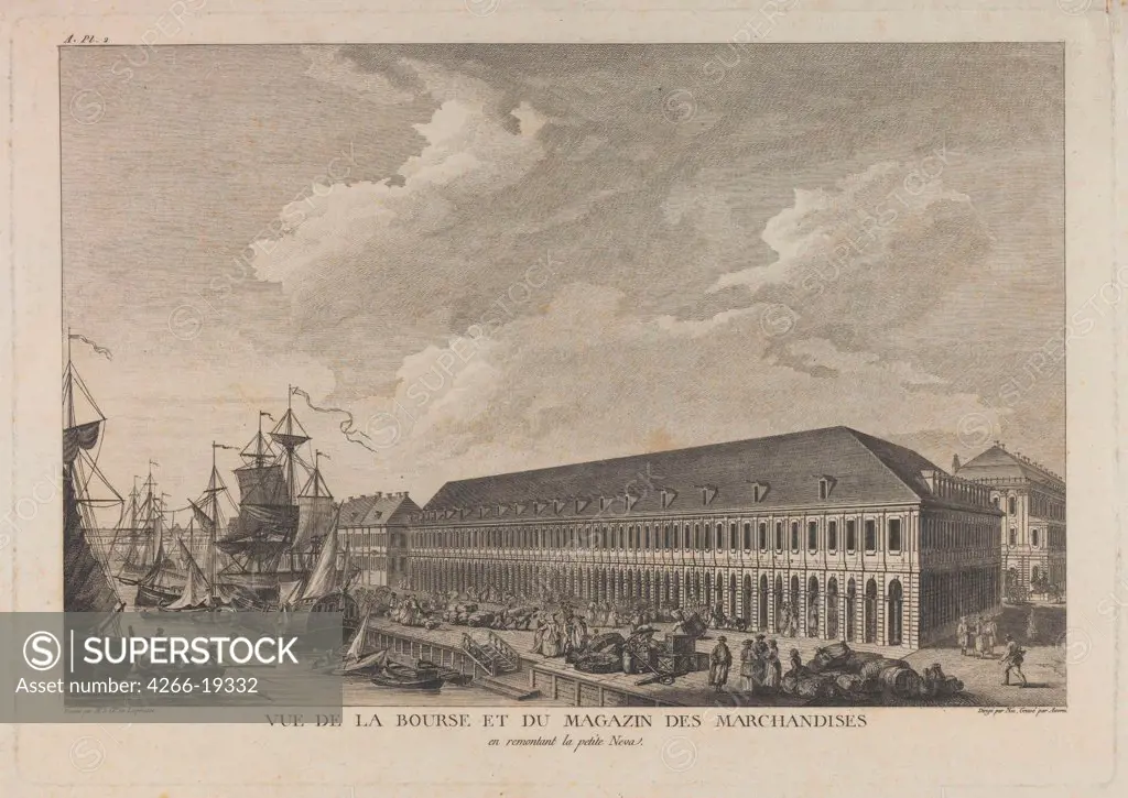 Stock exchange in Saint Petersburg by Auvray, Pierre Laurent (1736-?)/ Private Collection/ c. 1785/ France/ Etching/ Classicism/ 24,8x35,5/ Architecture, Interior,Landscape